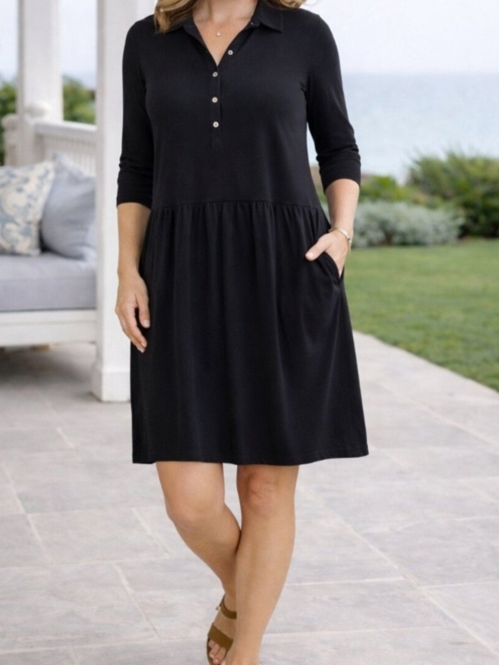 J Jill Women's Black Button Front Pockets 3/4 Sleeves Shirt Dress; Sz. XL